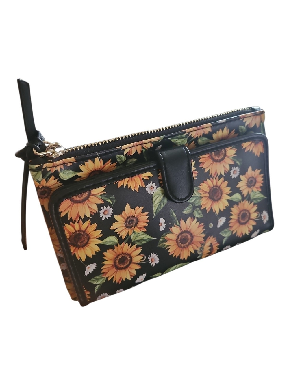 Sunflower Print Wallet - Black with Yellow Sunflowers